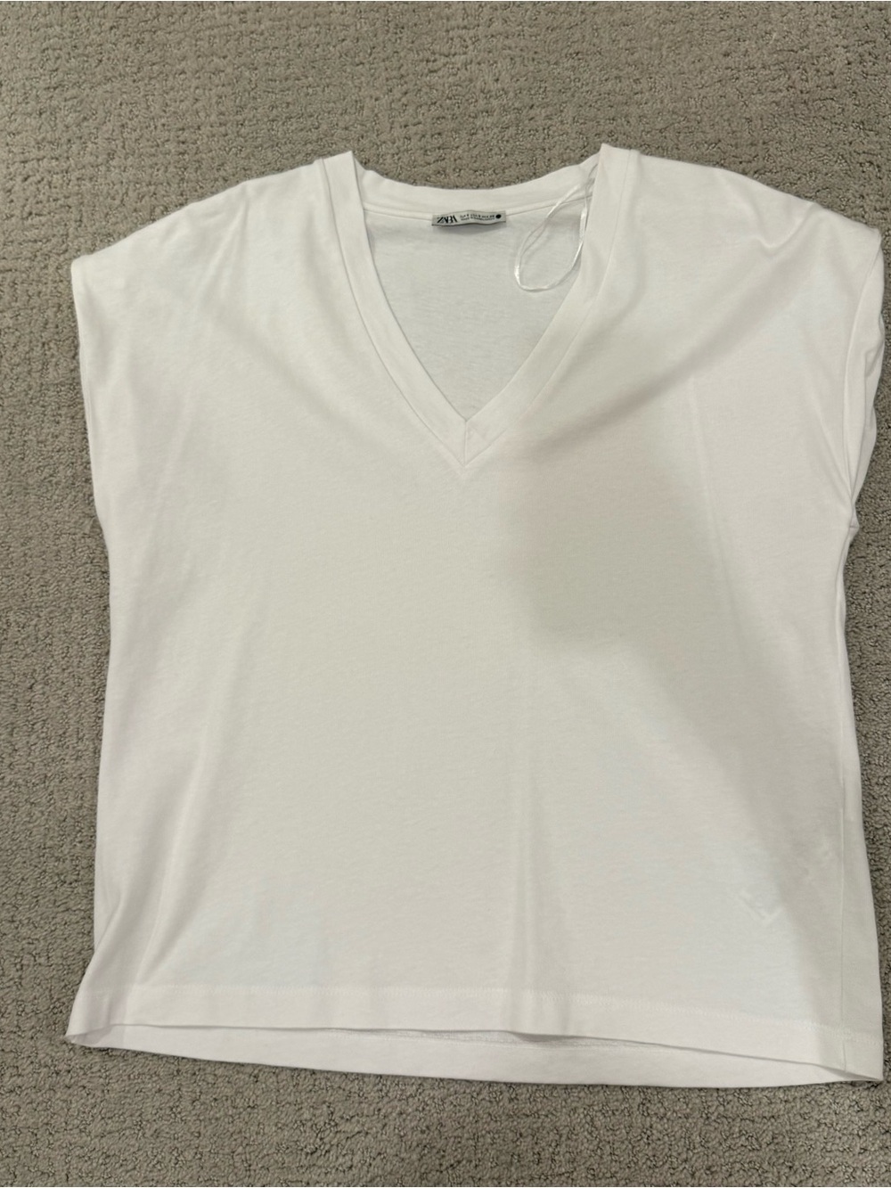 Zara White V-Neck Relaxed Cap Sleeve Top